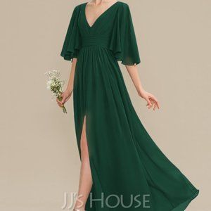 Hunter Green A-Line V-neck Chiffon Floor Length Bridemaid Dress